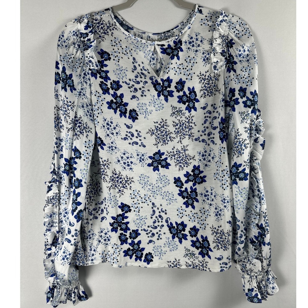 LOFT Blouse XS White Blue Floral Paisley Ruffle Long Sleeve Cottagecore Boho - Picture 2 of 8